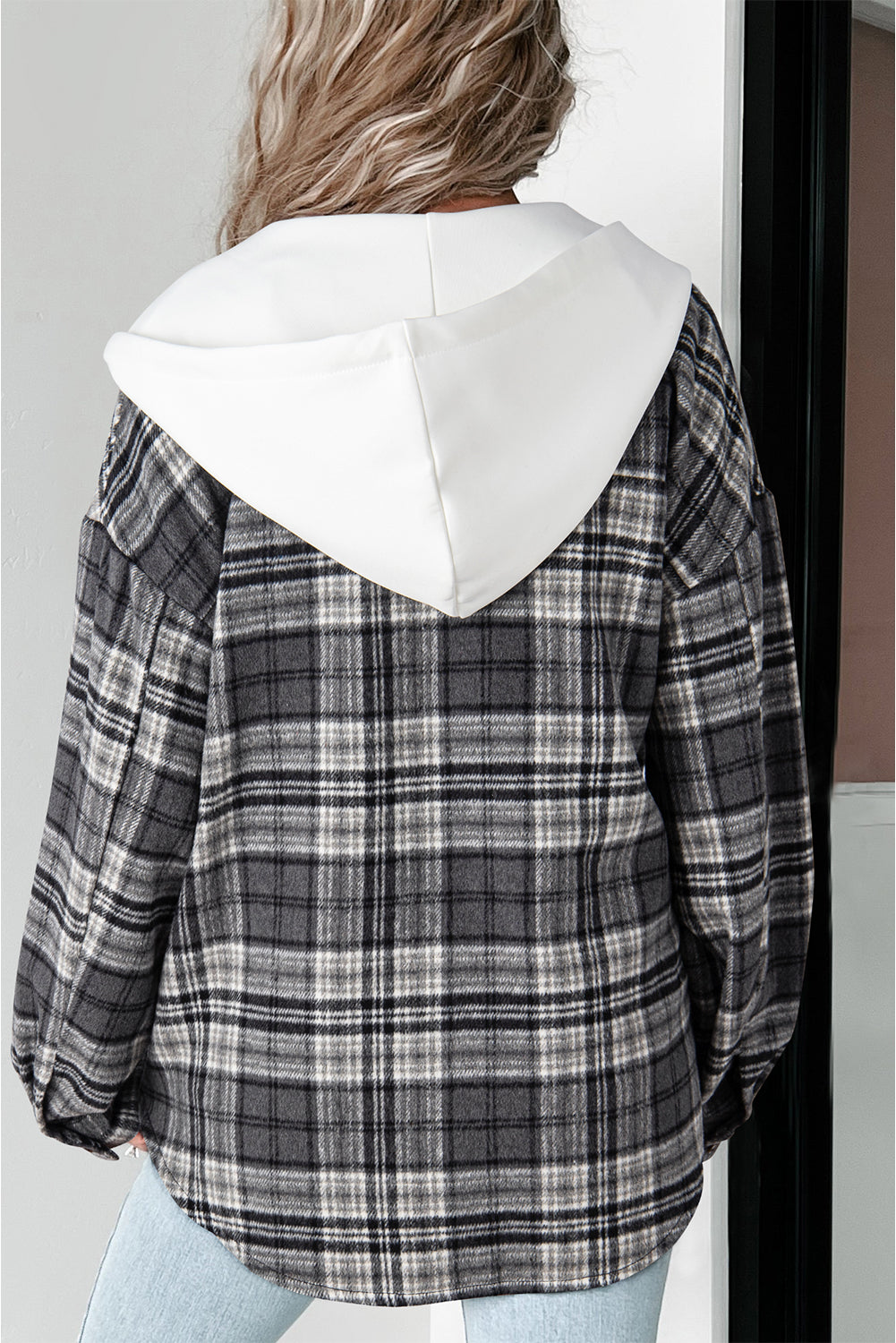 Black Plaid Print Flap Pockets Contrast Hooded Loose Shacket Plaid Shackets JT's Designer Fashion