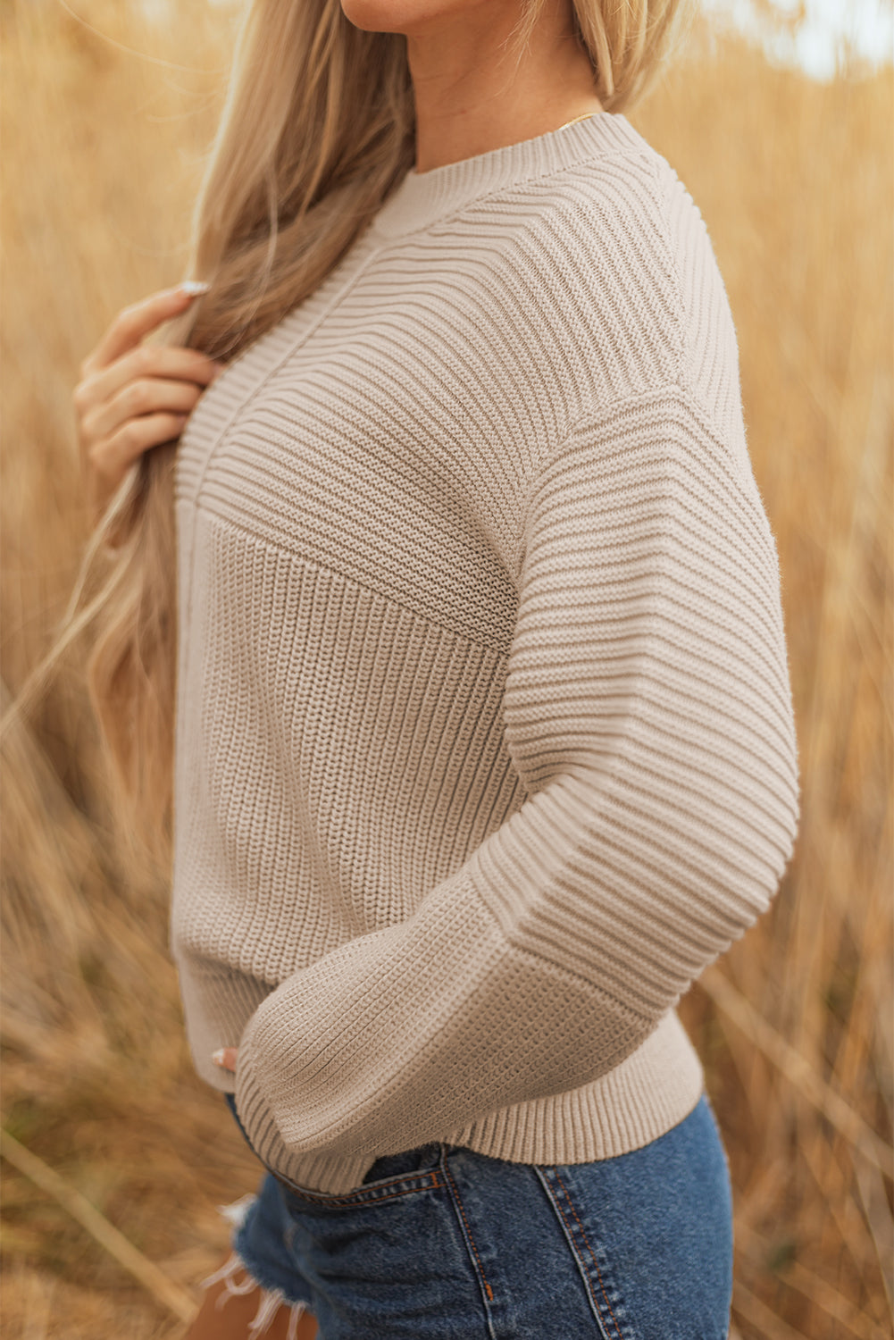 Parchment Mixed Texture Patchwork Knitted Puff Sleeve Sweater Sweaters JT's Designer Fashion