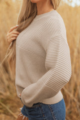 Parchment Mixed Texture Patchwork Knitted Puff Sleeve Sweater Sweaters JT's Designer Fashion
