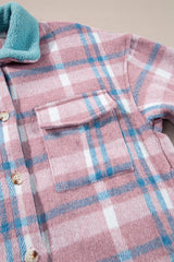 Pink Plaid Print Color Block Collared Flap Pockets Loose Shacket Plaid Shackets JT's Designer Fashion