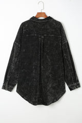 Black Vintage Distressed Mineral Wash Oversized Shacket Jackets JT's Designer Fashion