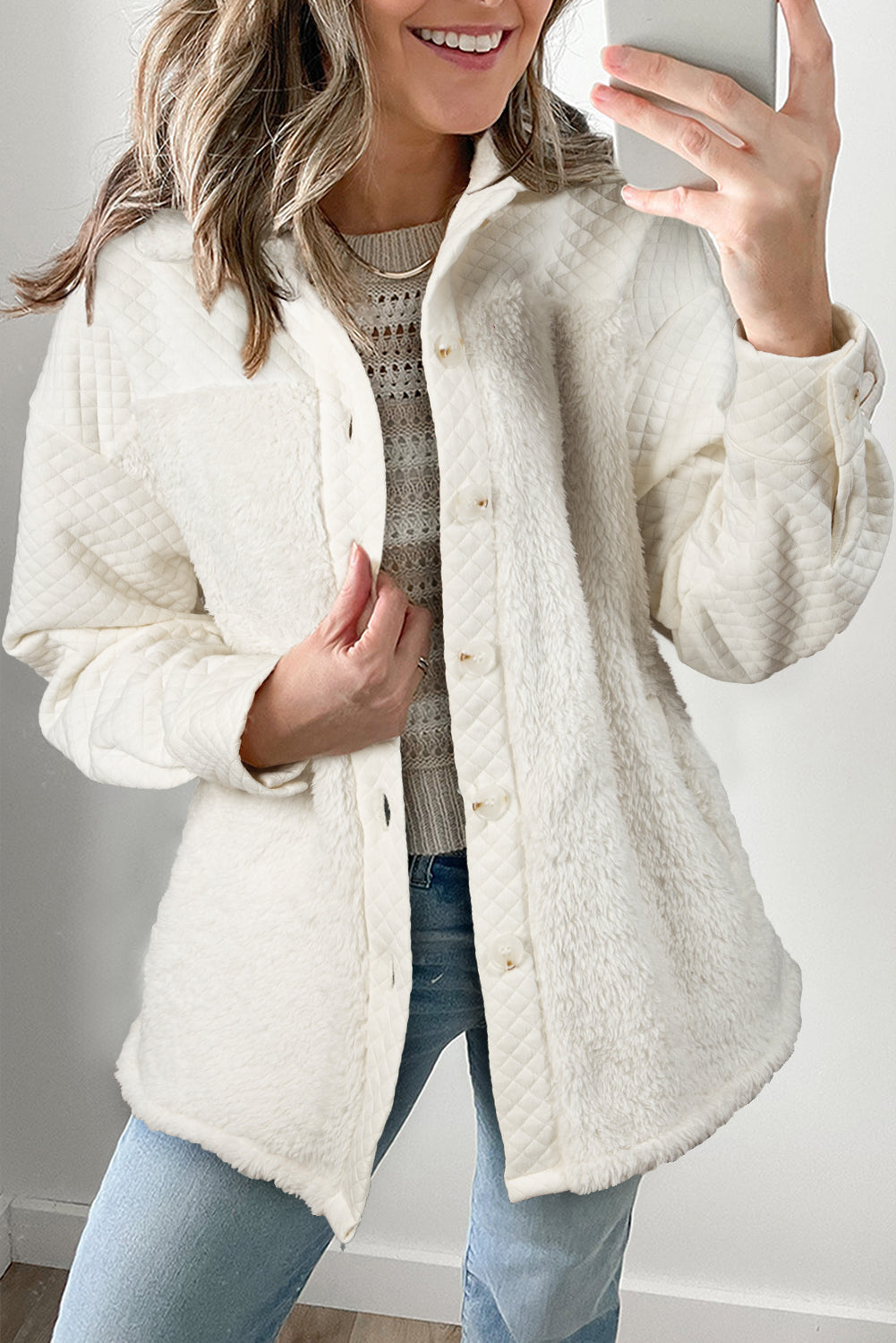 White Solid Color Quilted Sherpa Patchwork Button Up Shacket White 97%Polyester+3%Elastane Jackets JT's Designer Fashion