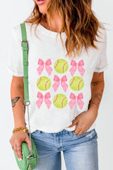 White Bow Tie Baseball Print Round Neck Casual Tee Graphic Tees JT's Designer Fashion