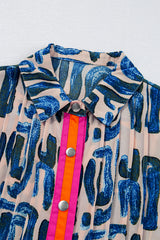 Beige Abstract Print Bubble Sleeve Button up Mini Dress Mini Dresses JT's Designer Fashion