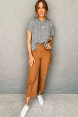 Gray Crew Neck Cable Knit Short Sleeve Sweater Sweaters & Cardigans JT's Designer Fashion