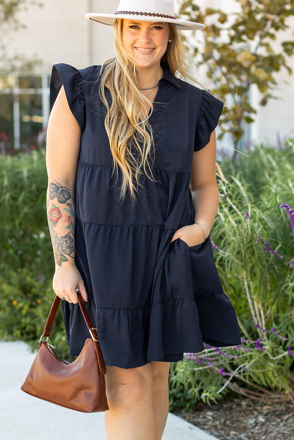Navy Blue Collared V Neck Flutter Sleeve Tiered Plus Size Dress Plus Size Mini Dresses JT's Designer Fashion