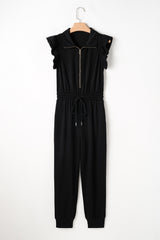 Black Zipper Flutter Sleeve Drawstring High Waist Jumpsuit Jumpsuits & Rompers JT's Designer Fashion