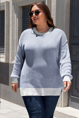 Blue Stripe Plus Size Contrast Trim Crew Neck Rib Knit Drop Shoulder Sweater Plus Size Sweaters & Cardigans JT's Designer Fashion