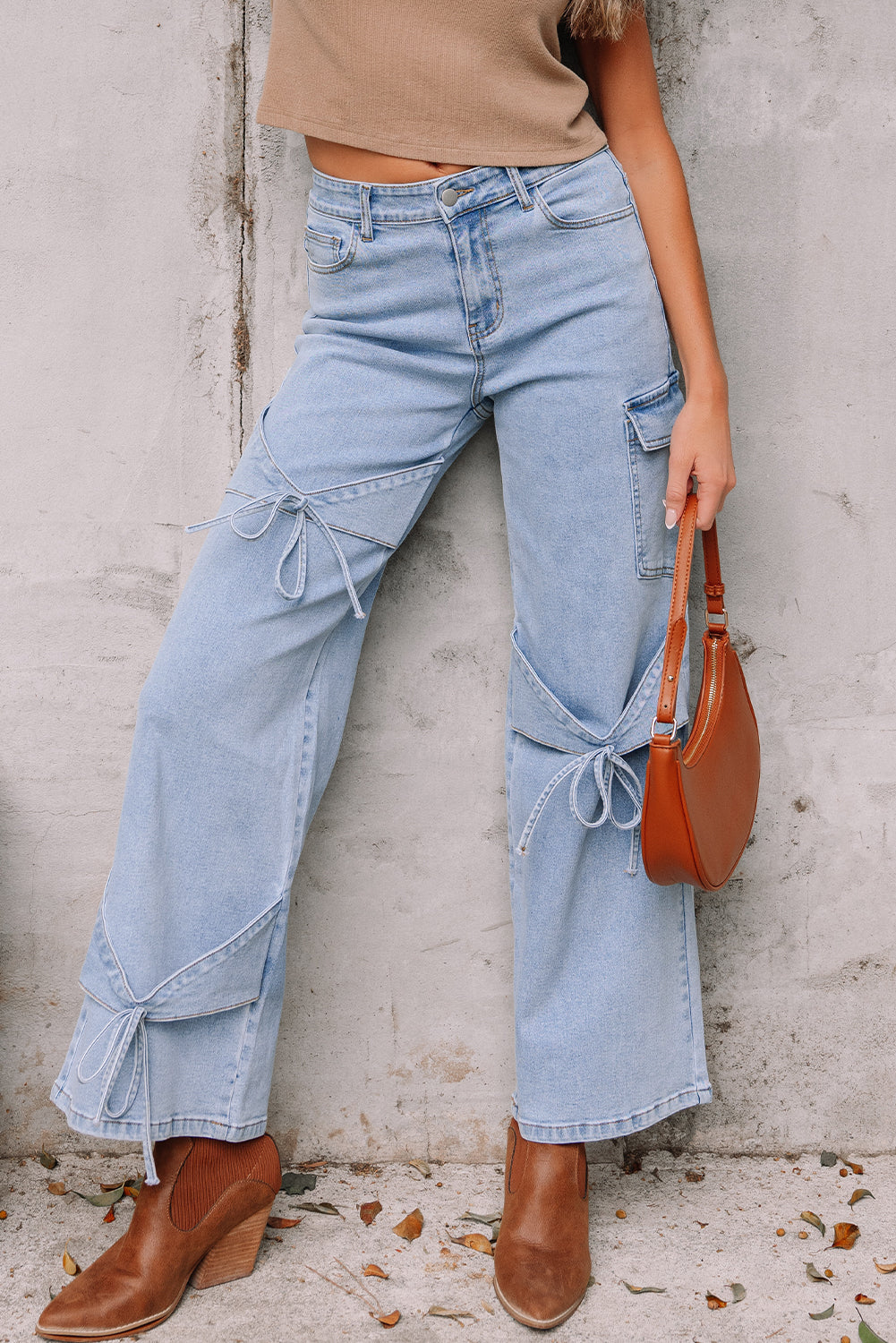 Beau Blue Bowknot Decor Boyfriend Cargo Jeans Beau Blue 75%Cotton+23%Polyester+2%Elastane Jeans JT's Designer Fashion