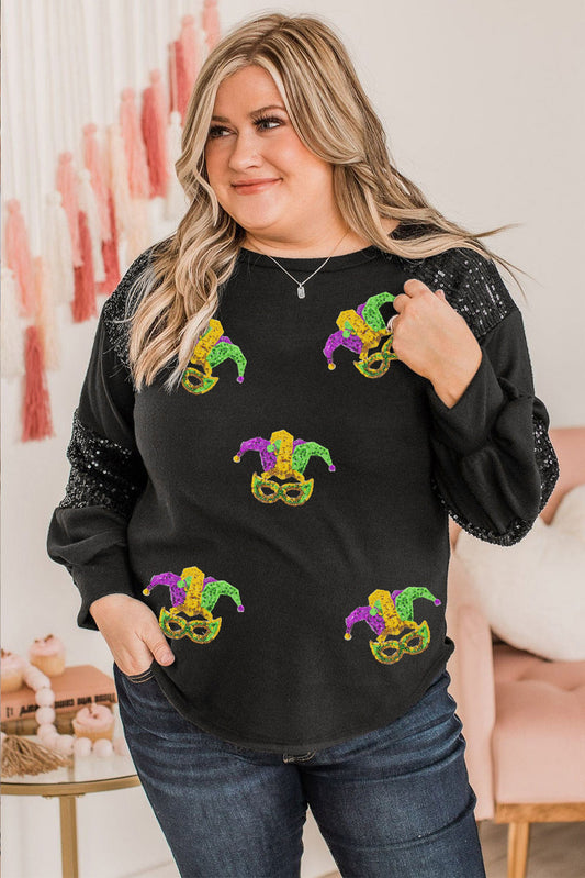 Black Mardi Gras Mask Plus Size Sequin Sleeve Top Graphic Plus Size JT's Designer Fashion