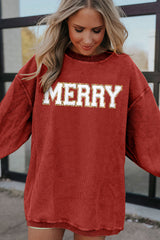 Racing Red MERRY Graphic Corded Christmas Sweatshirt Graphic Sweatshirts JT's Designer Fashion