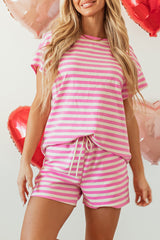 Rose Stripe Crew Neck T Shirt and Drawstring Shorts Set Short Sets JT's Designer Fashion