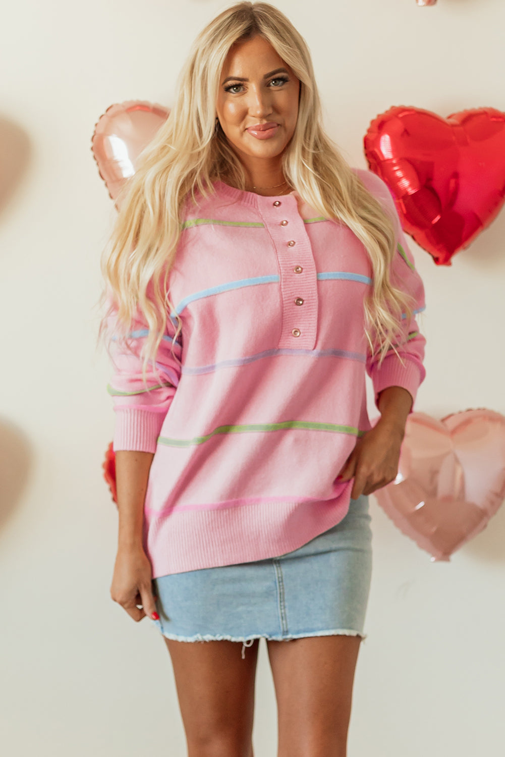 Pink Rainbow Stripes Drop Shoulder Baggy Henley Sweater Pink 50%Viscose+28%Polyester+22%Polyamide Sweaters JT's Designer Fashion