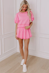Pink Contrast Bow Trim Pearl Puff Sleeve Blouse and Skort 2pcs Set Short Sets JT's Designer Fashion