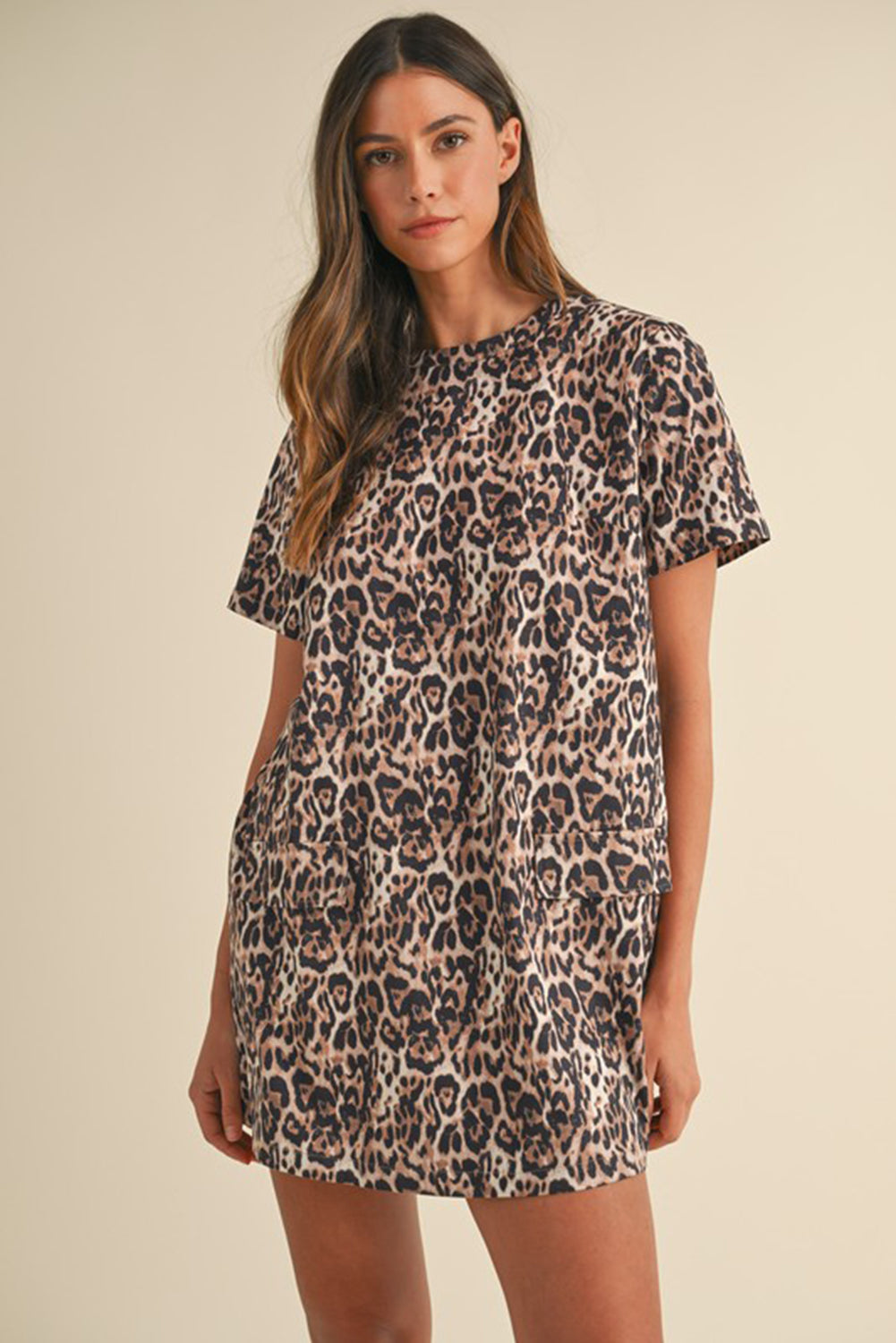 Brown Leopard Print Crew Neck Shift Short T Shirt Dress T Shirt Dresses JT's Designer Fashion