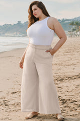 Beige Smocked High Waist Wide Leg Plus Size Pants Plus Size Bottoms JT's Designer Fashion