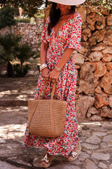 Red Floral Half Sleeve Deep V Neck Cutout Back Split Maxi Dress Floral Dresses JT's Designer Fashion