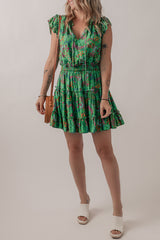 Green Floral Tie Split Neck Frilly Ruffle Trim Tiered Short Dress Floral Dresses JT's Designer Fashion