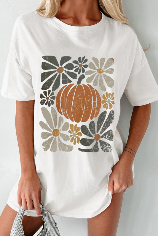 White Thanksgiving Pumpkin Print Loose Crewneck Tunic T Shirt Graphic Tees JT's Designer Fashion