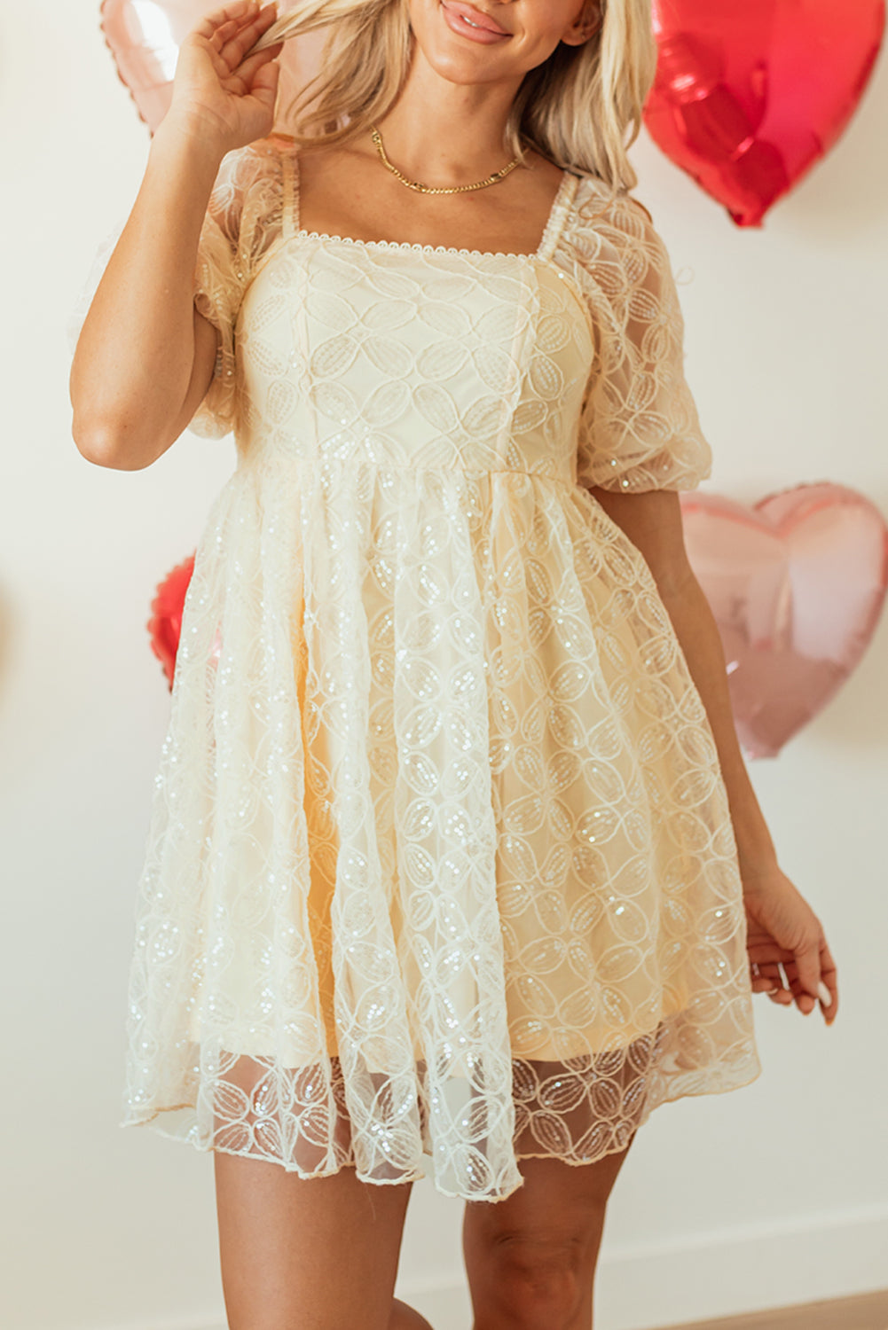Apricot Sequined Lace Mesh Bubble Sleeve Square Neck Dress Mini Dresses JT's Designer Fashion
