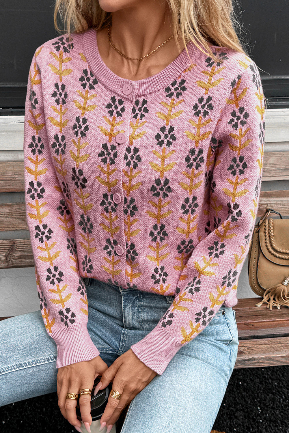 Pink Floral Button Down Ribbed Banded Cardigan Sweater Cardigans JT's Designer Fashion