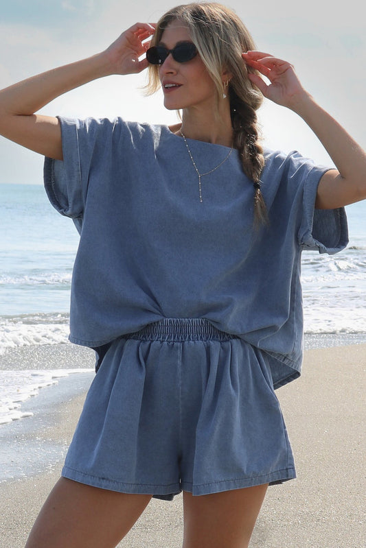 Light Blue Short Relaxed Denim Two-piece Set Bottoms JT's Designer Fashion