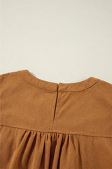 Desert Gold Corduroy Pleated Puff Sleeve Shift Short Dress Mini Dresses JT's Designer Fashion