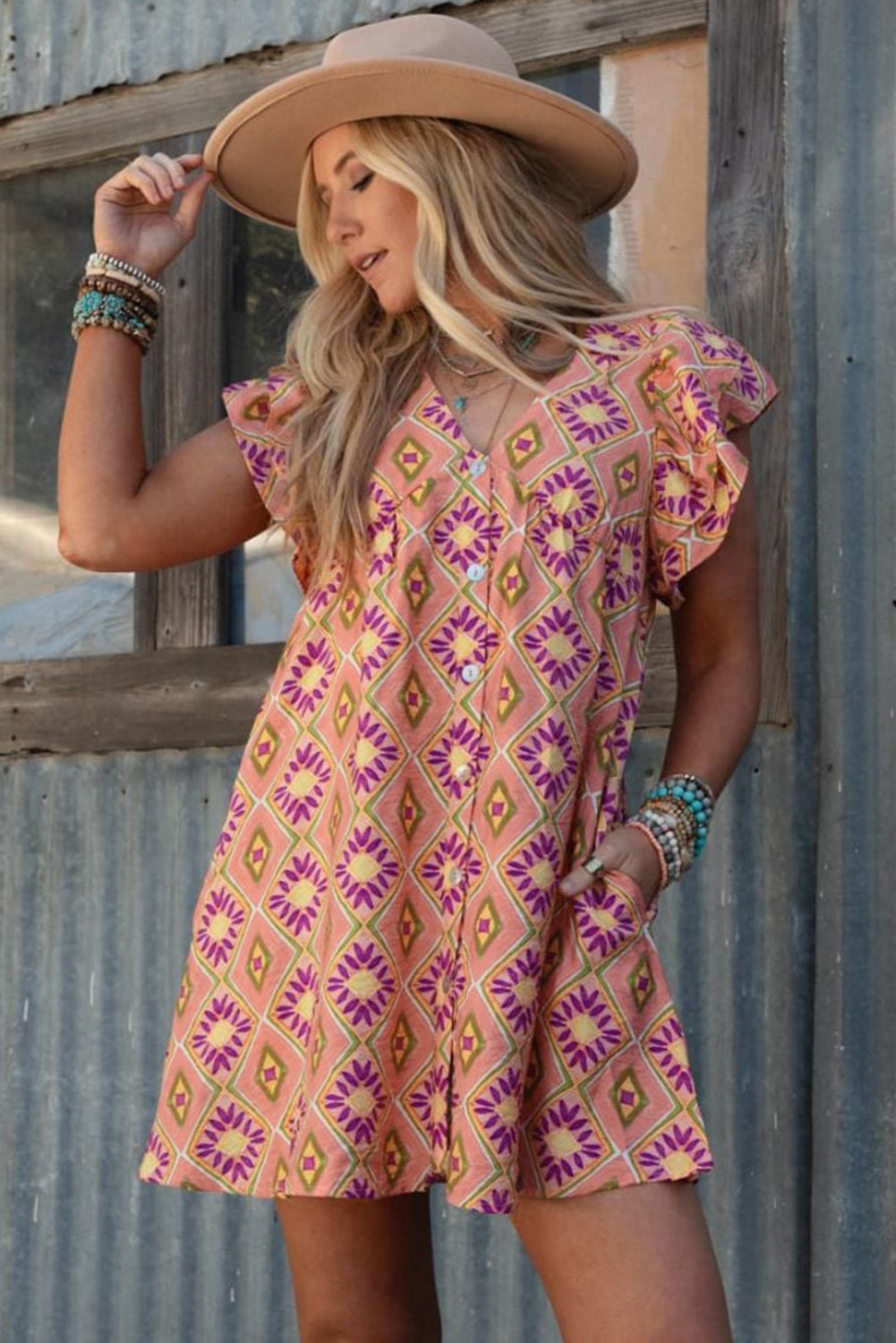 Orange Geometric Floral V Neck Buttoned Ruffled Sleeve Mini Dress Mini Dresses JT's Designer Fashion