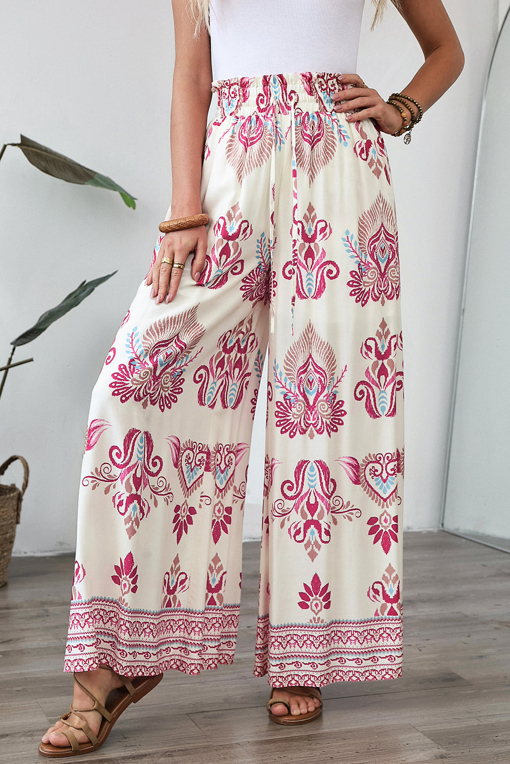 Rose Boho Printed Shirred High Waist Flowy Wide Leg Pants Pants & Culotte JT's Designer Fashion
