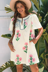 Apricot Floral Short Sleeve Split Neck Loose Mini Dress Apricot 100%Polyester Floral Dresses JT's Designer Fashion