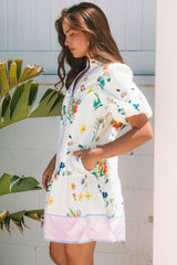 White Floral Print Contrast Striped Patchwork Short Puff Sleeve Dress Floral Dresses JT's Designer Fashion