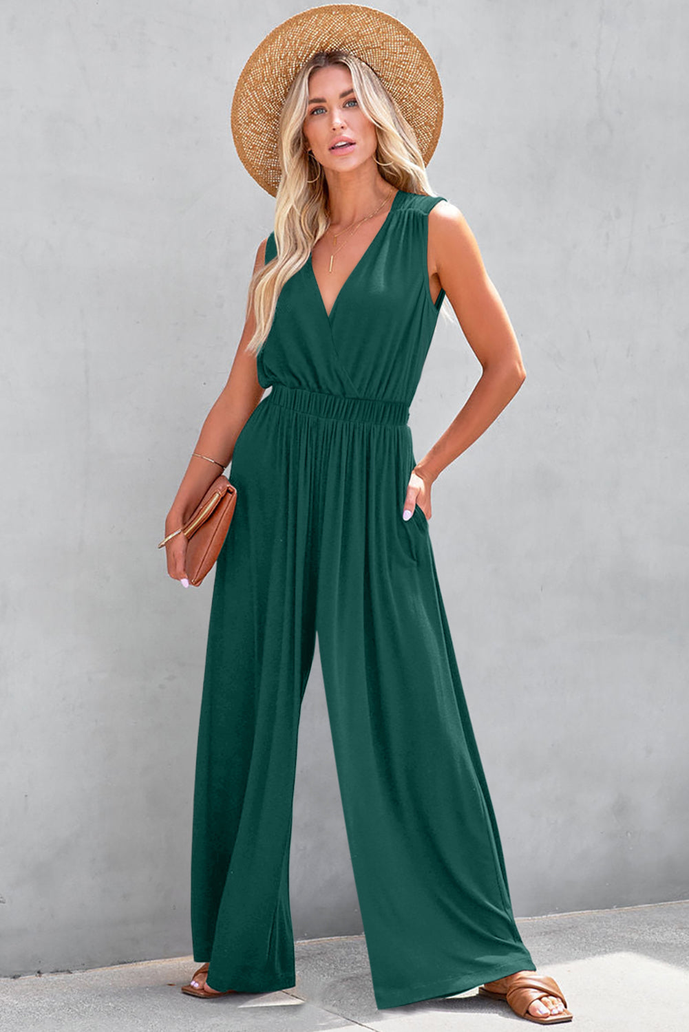 Blackish Green Deep V Pleated Crisscross Wide Leg Backless Jumpsuit Jumpsuits & Rompers JT's Designer Fashion