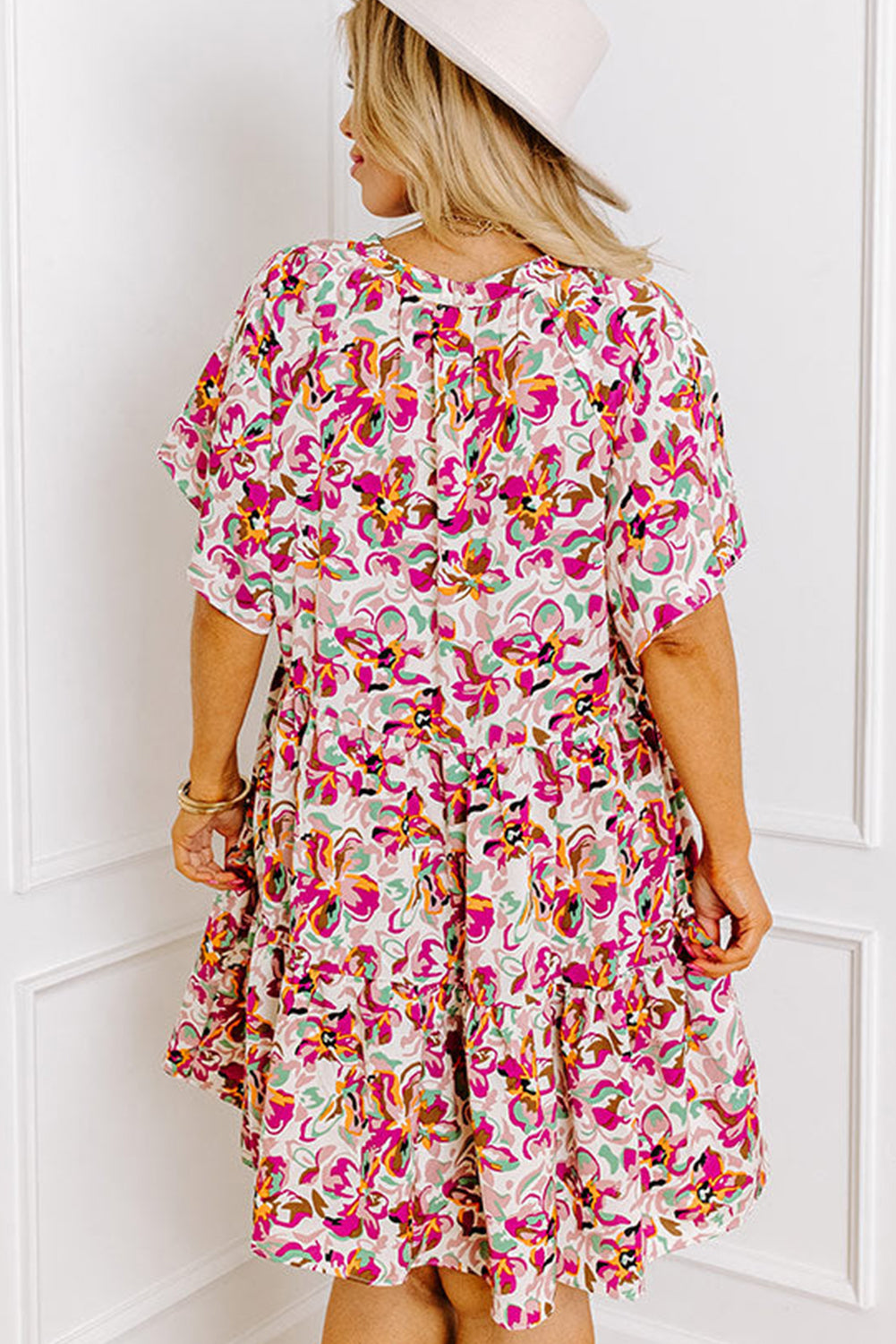 White Abstract Print V Neck Short Sleeve Ruffled Plus Size Mini Dress Plus Size Mini Dresses JT's Designer Fashion