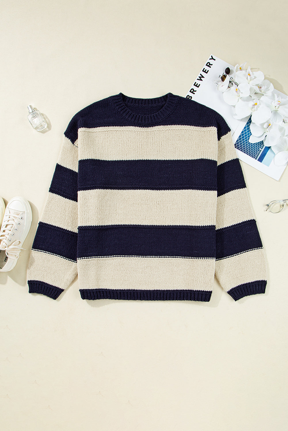 Blue Stripe Color Block PLus Size Drop Shoulder Sweater Plus Size Sweaters & Cardigans JT's Designer Fashion
