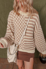 Khaki Stripe Checkerboard Drop Shoulder Balloon Sleeve Sweater Sweaters JT's Designer Fashion