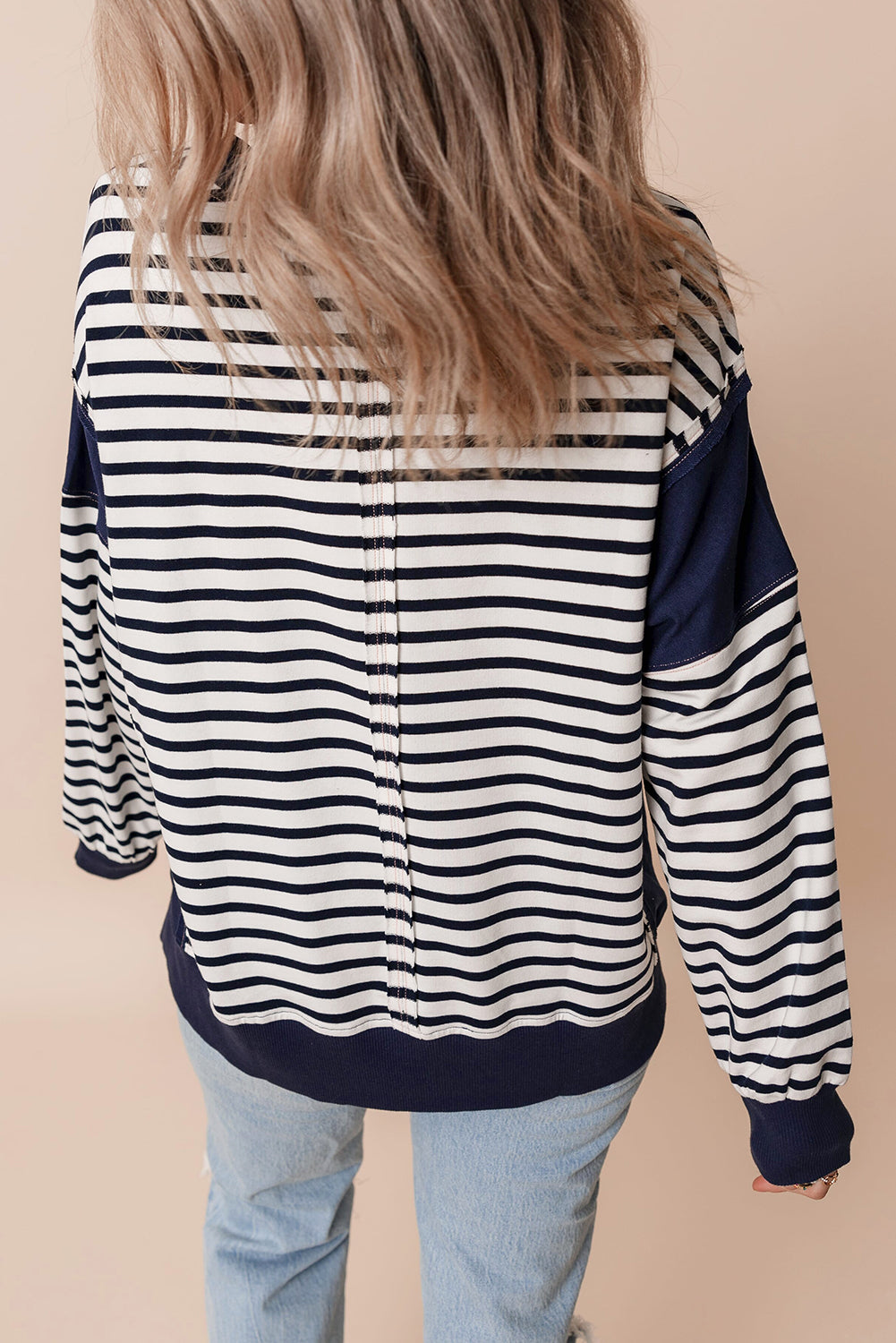 White Stripe Color Block Exposed Seam Loose Fit Sweatshirt Sweatshirts & Hoodies JT's Designer Fashion
