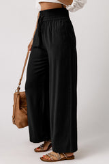 Black Drawstring Elastic Waist Casual Wide Leg Pants Pants & Culotte JT's Designer Fashion