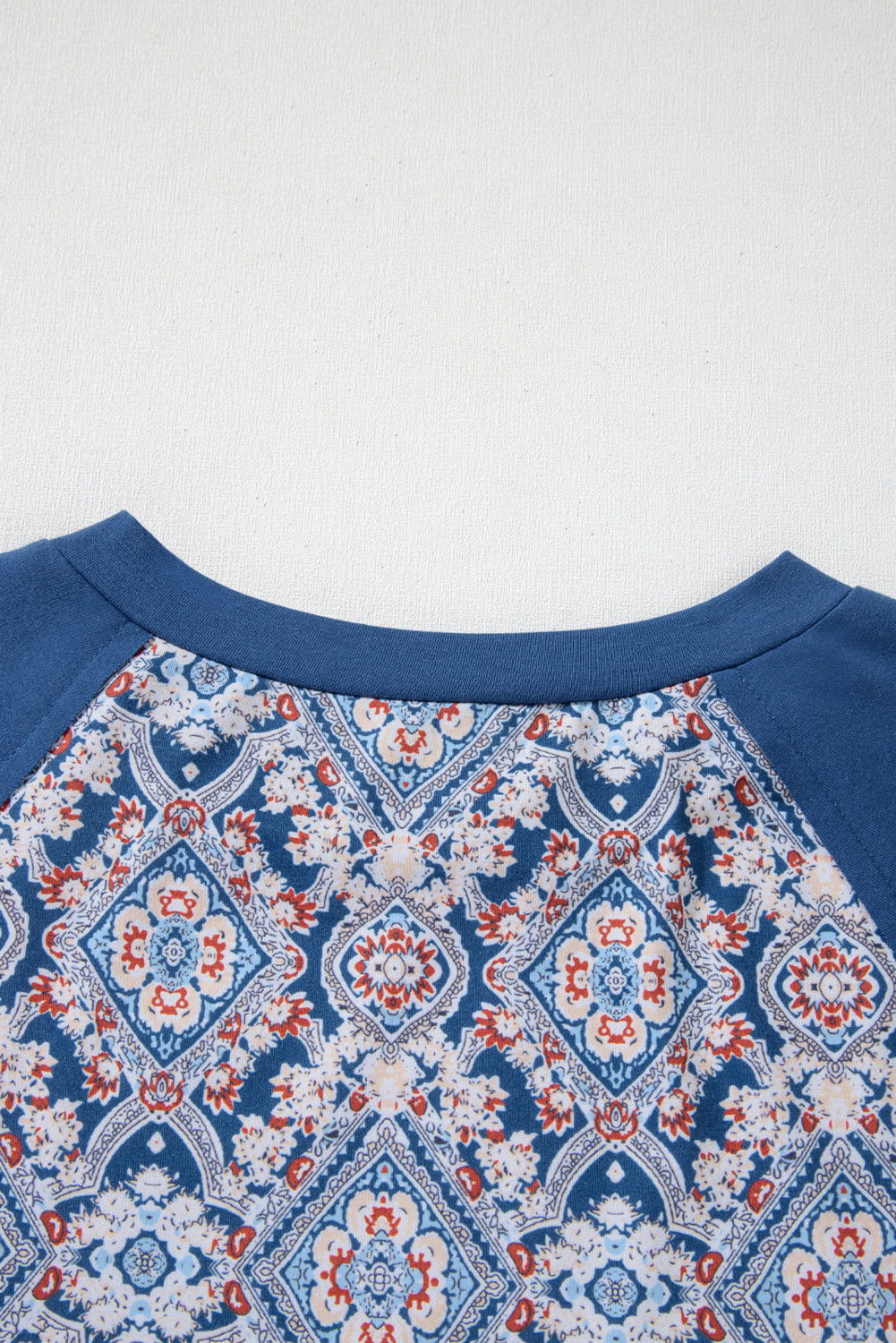 Blue Geometric Printed Lace Patchwork Ric Rac Raglan Long Sleeve Top Long Sleeve Tops JT's Designer Fashion