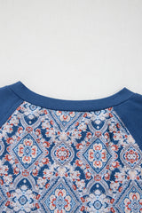 Blue Geometric Printed Lace Patchwork Ric Rac Raglan Long Sleeve Top Long Sleeve Tops JT's Designer Fashion