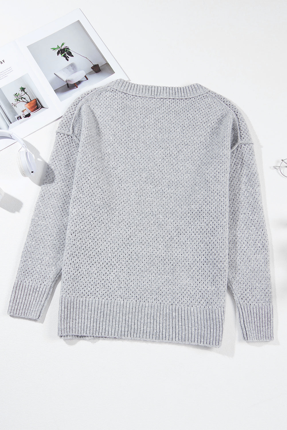 Light Grey Loose Eyelet V Neck Drop Shoulder Sweater Sweaters JT's Designer Fashion