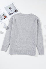 Light Grey Loose Eyelet V Neck Drop Shoulder Sweater Sweaters JT's Designer Fashion