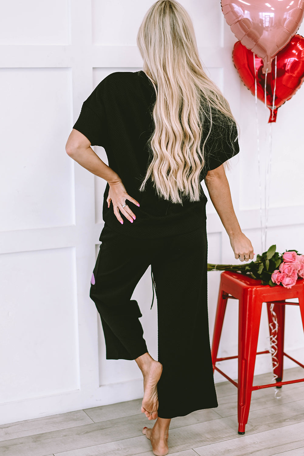 Black Sequin Heart Popping Graphic Textured 2pcs Outfit Graphic Sets JT's Designer Fashion