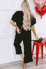 Black Sequin Heart Popping Graphic Textured 2pcs Outfit Graphic Sets JT's Designer Fashion