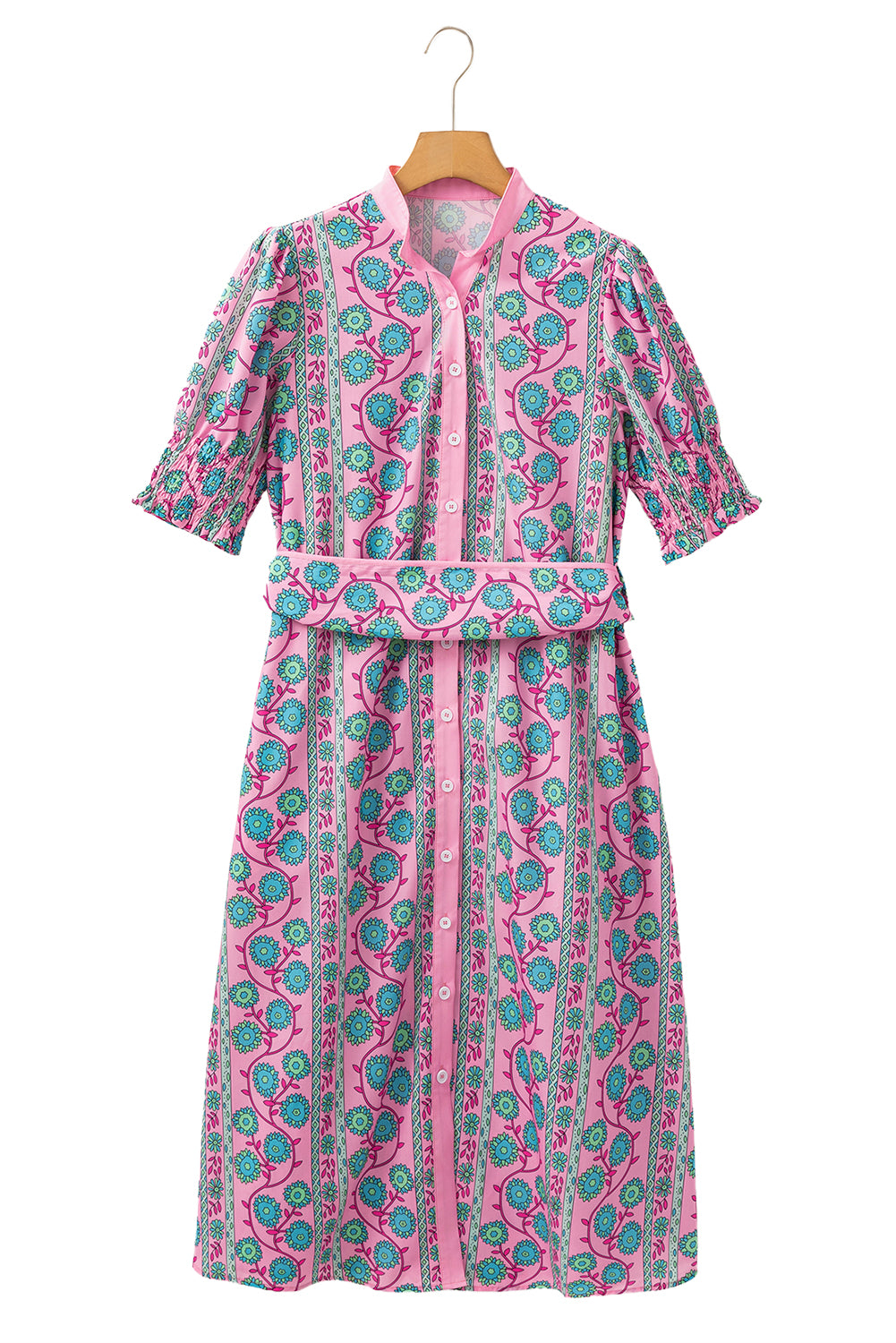 Pink Floral Shirred Puff Sleeve Buttoned Front Midi Dress with Sash Midi Dresses JT's Designer Fashion