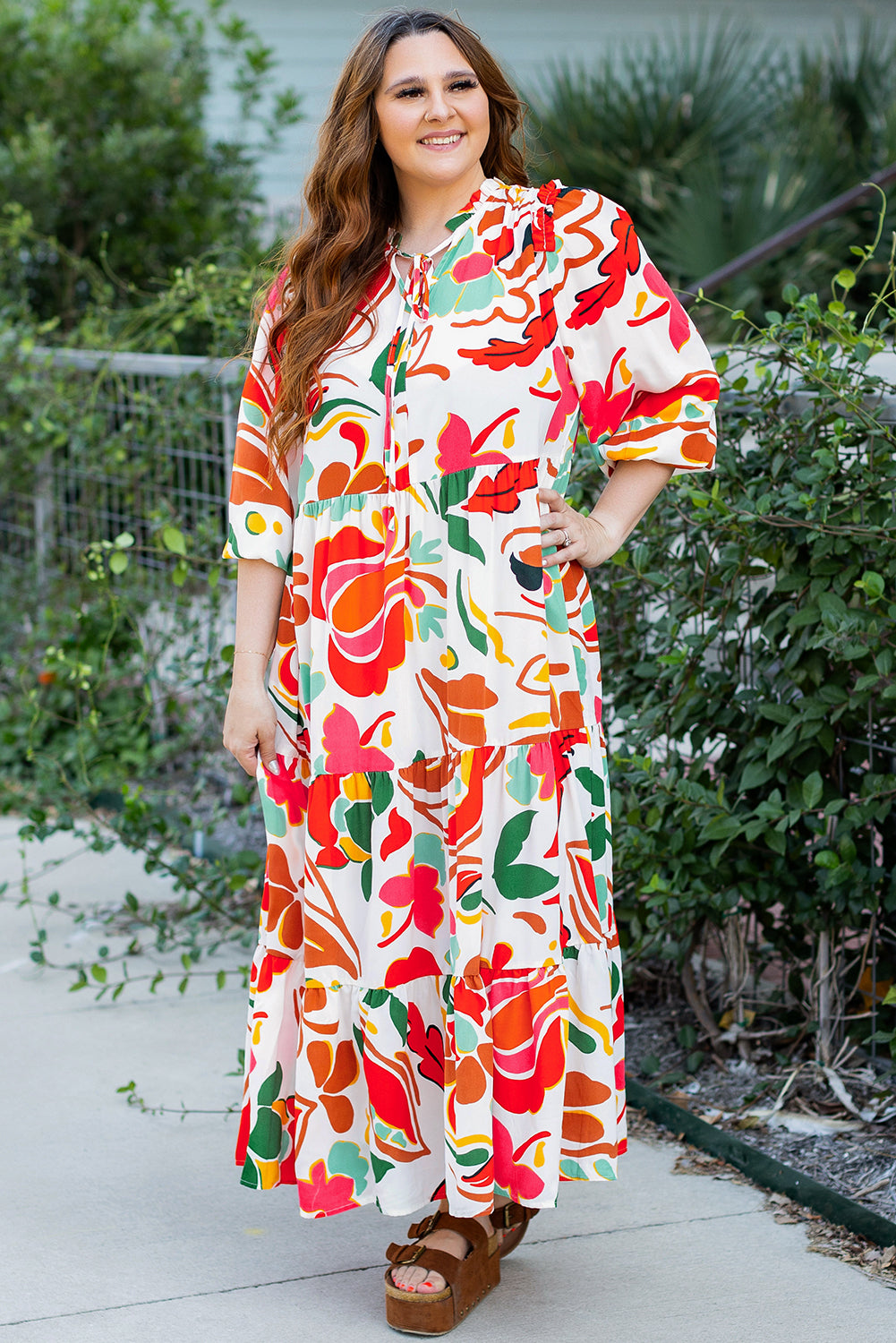 Orange Floral Print Drawstring V Neck Tiered Plus Size Dress Plus Size Maxi Dresses JT's Designer Fashion