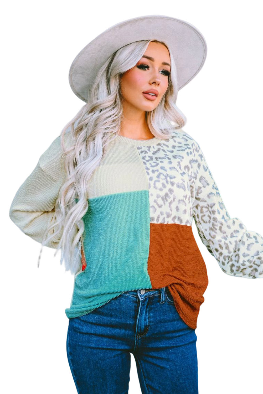 Leopard Patchwork Color Block Ribbed Long Sleeve Top Long Sleeve Tops JT's Designer Fashion