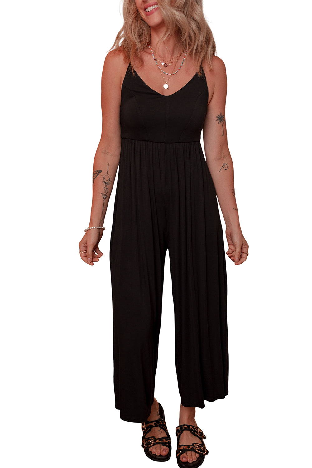 Black Spaghetti Straps Open Back Pleated Wide Leg Jumpsuit Jumpsuits & Rompers JT's Designer Fashion