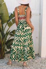 Green Western Aztec Shirred A-line Sleeveless Long Dress Maxi Dresses JT's Designer Fashion