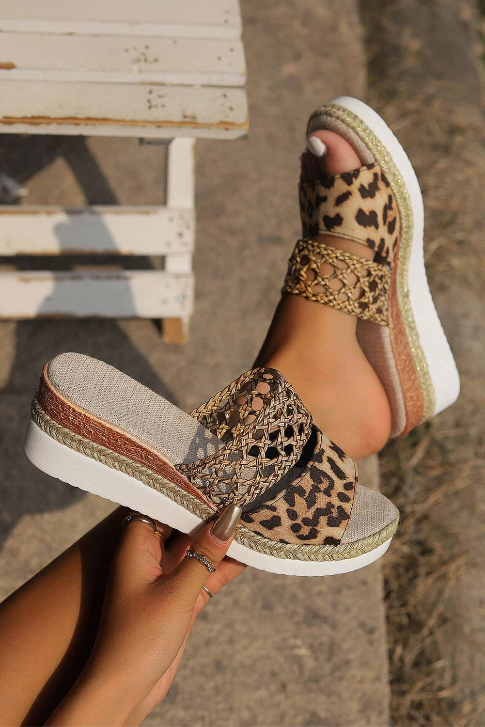 Chestnut Leopard Print Braided Details Wedge Slippers Slippers JT's Designer Fashion