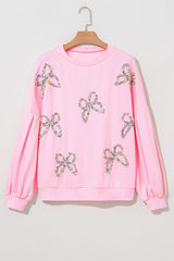 Light Pink Embroidered Bow Lantern Sleeve Oversized Pullover Sweatshirt Sweatshirts & Hoodies JT's Designer Fashion